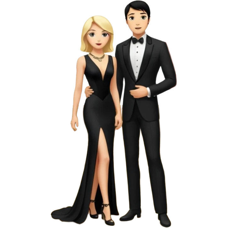 Blonde woman, black, Long, tight, sleveless Dress, Slot left Leg, man, black Hair, in Dinner jacket, Background ballroom emoji