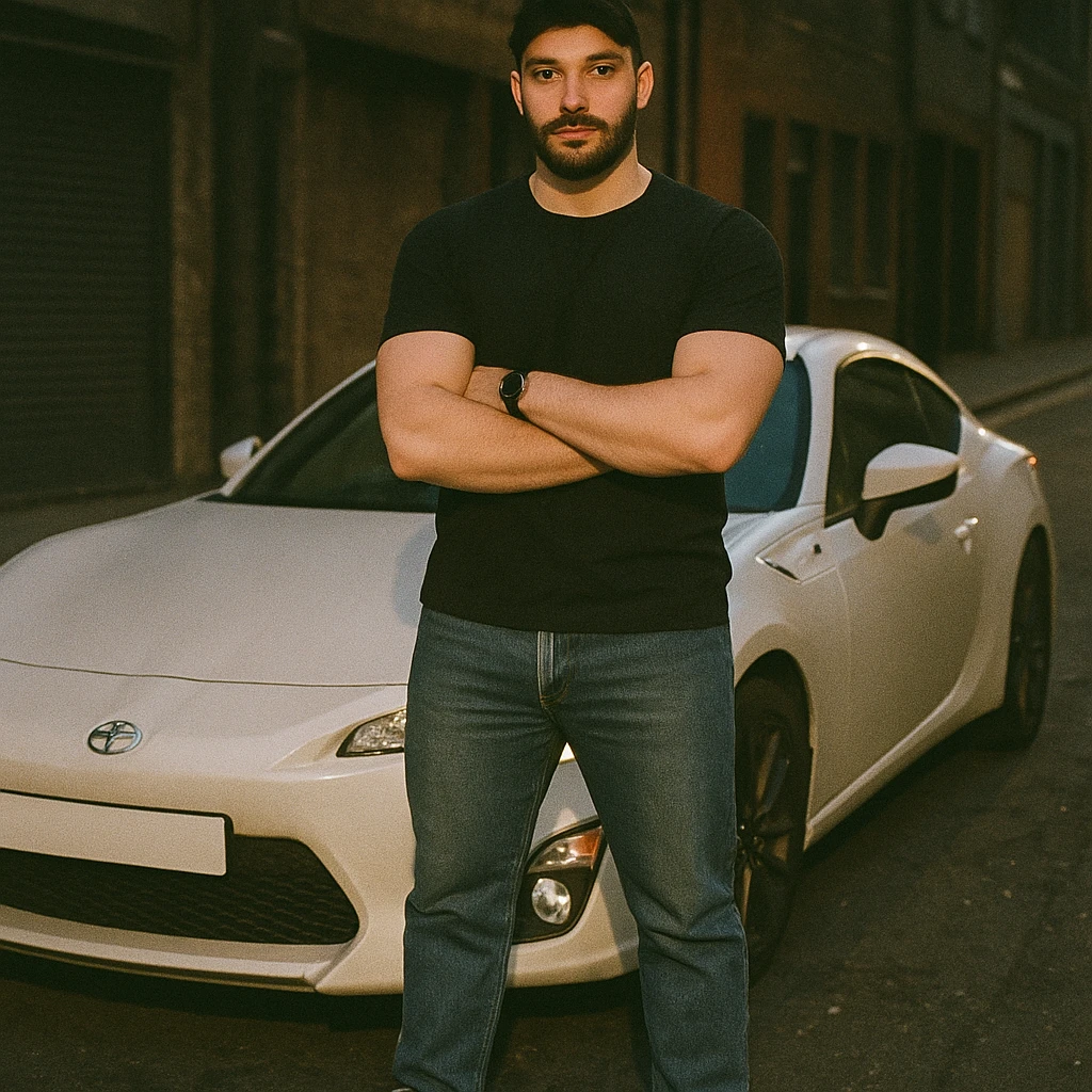 Grunge-style analog photo, London 2025, person inspired by the new reference image standing next to a Nissan GT 86, model pose, black t-shirt, jeans, Nike Air Jordan low, using flash, street background, analog grain, 4/8. emoji