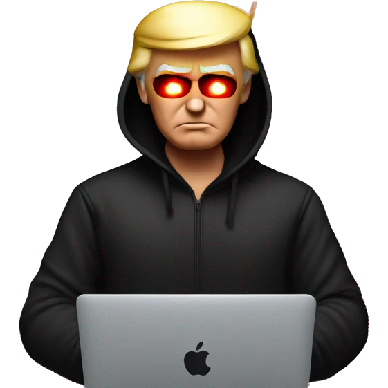 Donald Trump in a black hoodie with bright red glowing laser eyes typing on a MacBook, Donald Trump, black hoodie, bright red glowing eyes, typing on MacBook. emoji