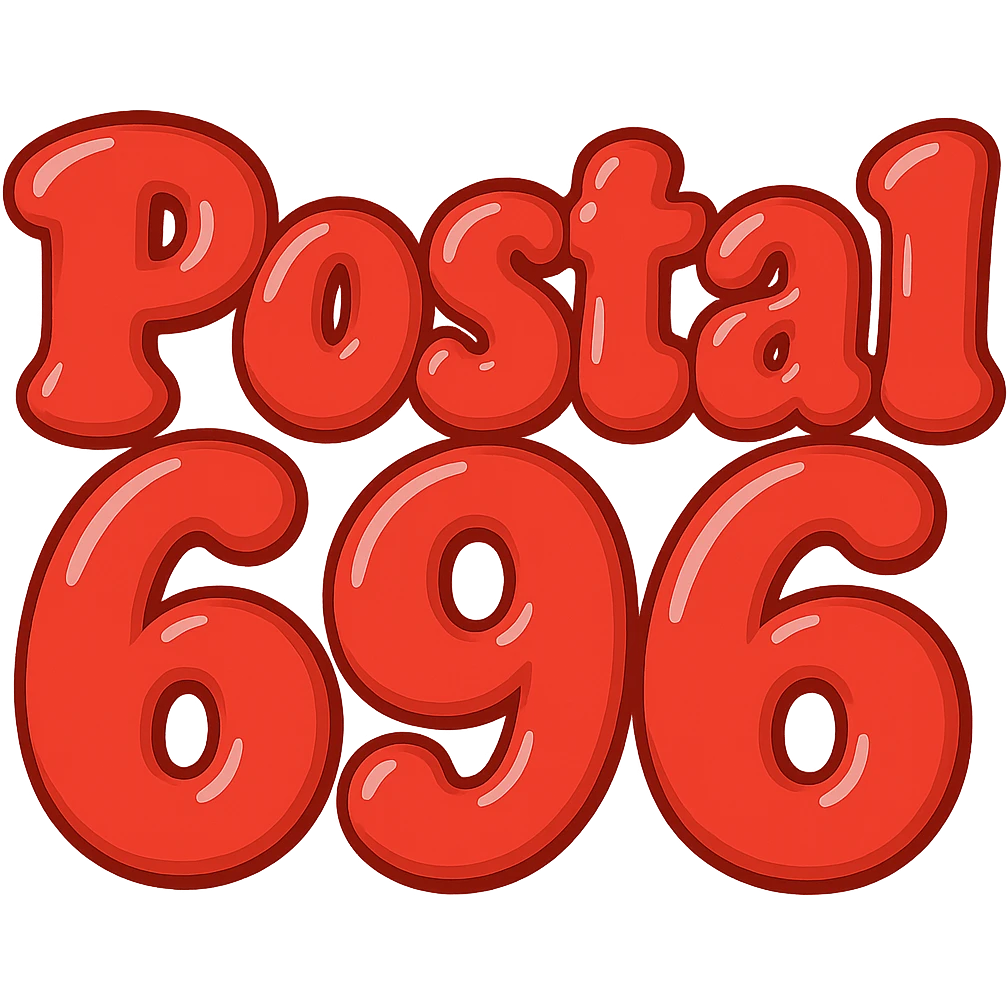 Change the font color to red for 'Postal 696', keep the extra puffy bubble letter style, whimsical and lighthearted, with a transparent background. Maintain the whimsical and lighthearted feel with extra puffy bubble letters. emoji