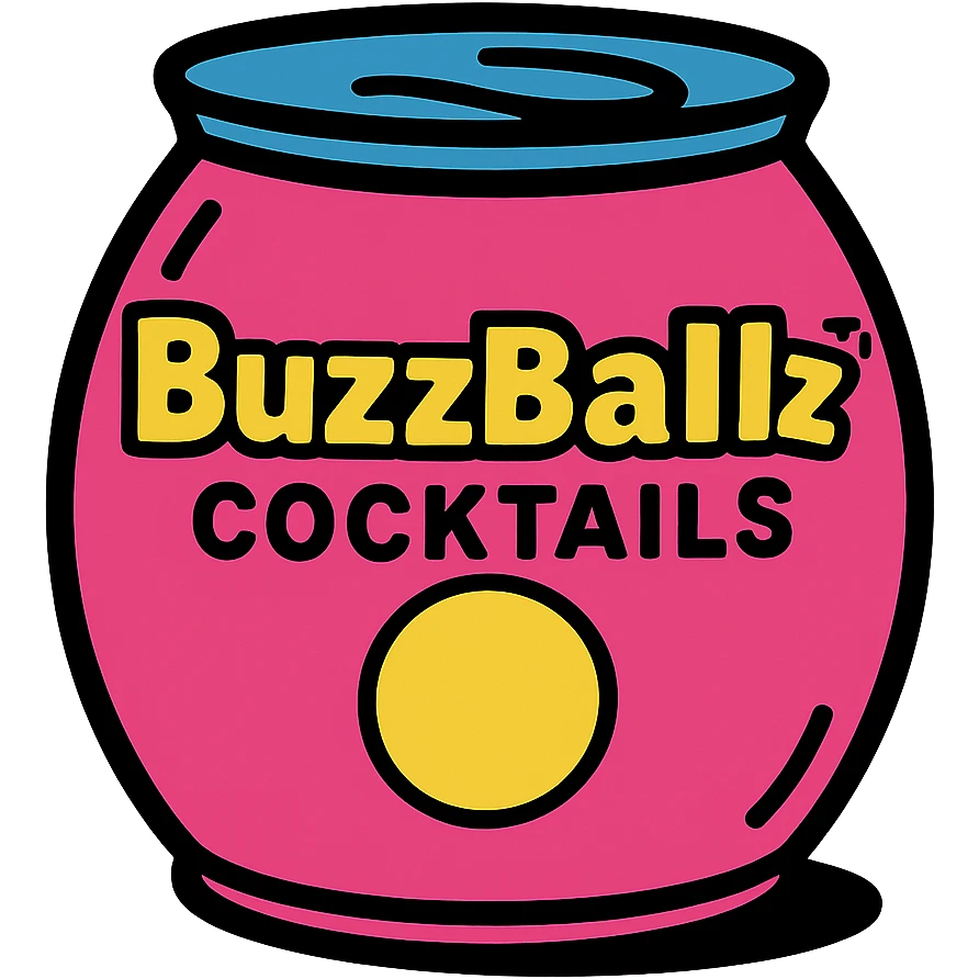 a large pink BuzzBallz cocktail can, playful and bold, with a fun vibe emoji