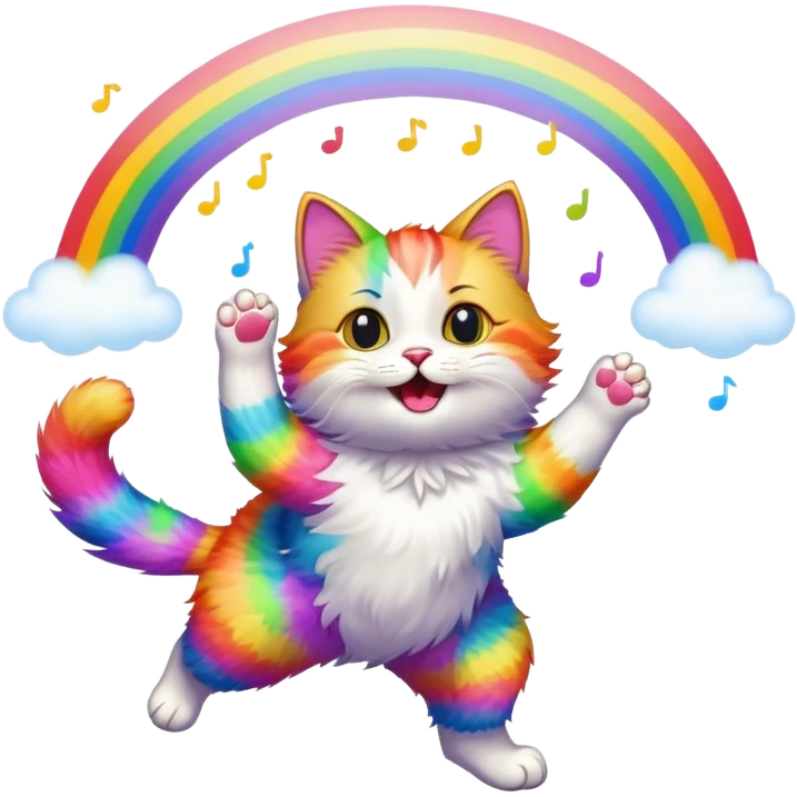 Chat qui danse sous un arc en ciel emoji