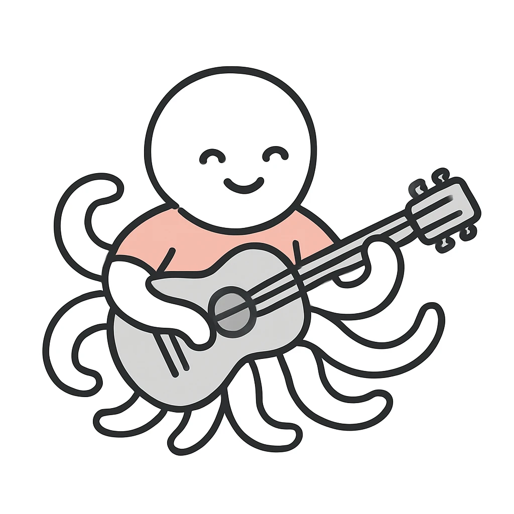 happy octopus with multiple arms playing guitar emoji