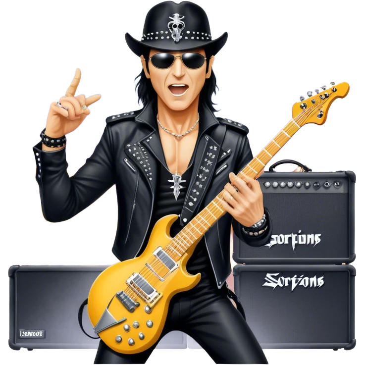 Icon for Rock Music: Klaus Meine performing with Scorpions on stage, with electric guitars and powerful stage presence. The vibe should capture the energetic and iconic sound of Scorpions, with vibrant lighting and a stadium atmosphere. Transparent background. emoji