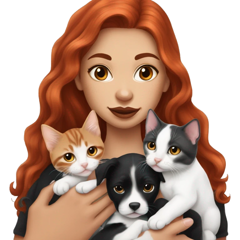 Long Red haired woman with septum piercing holding black and white English Staffordshire puppy and tabby kitten emoji