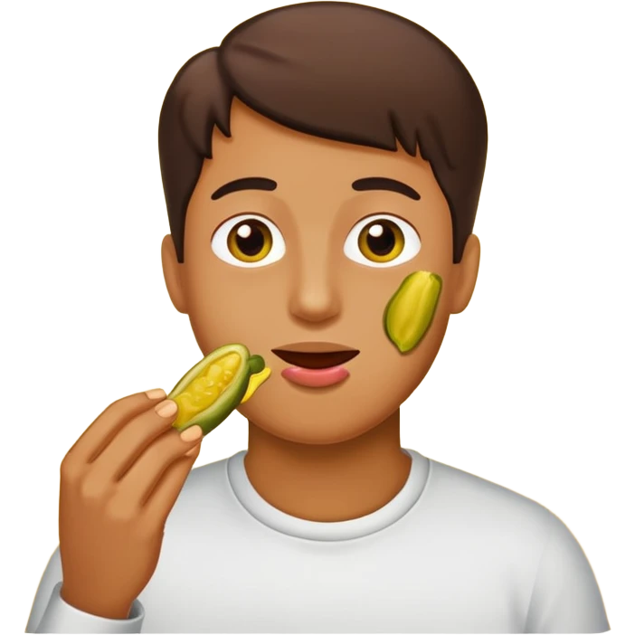 person eating a object that's yellow and shaped like pickle emoji