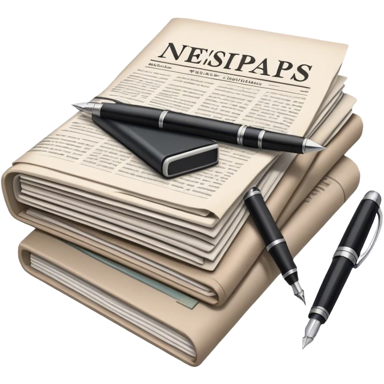 Create an emoji representing journalism and publicistic writing. The design should feature a stack of newspapers, an open notebook with visible text, and a single fountain pen placed near the notebook, symbolizing the act of writing. Use neutral, professional colors like black, white, and muted tones to convey a sense of seriousness and intellect. Do not include any emojis or smiley faces. Make the background transparent. emoji