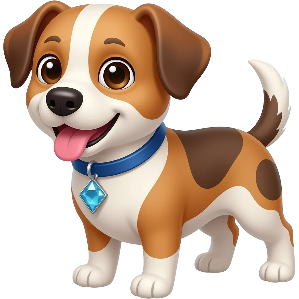 full body on four legs, silly small dog, looking at the camera, , tongue out and smiling , blue collar, diamond shaped opaque stone as collar pendant emoji