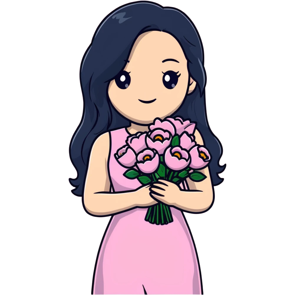 beautiful young woman with long black hair, fair skin, wearing pink dress and holding a bouquet of flowers emoji