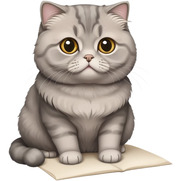 a gray Scottish fold cat sitting on a piece of paper emoji