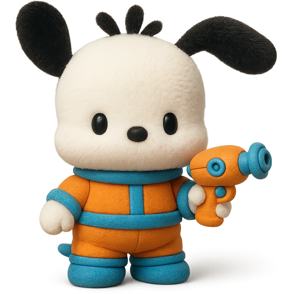 Make Pochacco hold a cute toy gun, keep him white with black ears, orange and blue space suit, plushy Popmart doll style, playful and adorable, no background emoji