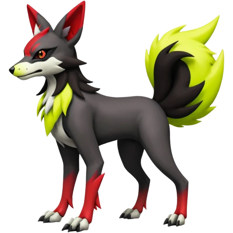 Hyper realistic skeletal black and neon green and neon yellow Zangoose-Lycanroc-Zorua-Litten-Houndoom-Fakémon-Pokémon-Digimon-hybrid-fusion (full body) emoji