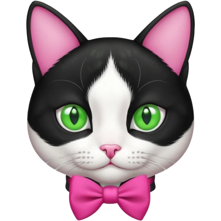 A black and white cat tuxedo breed head with green eyes she has a hot pink bow on her head  emoji