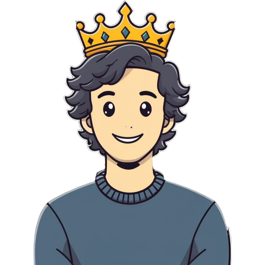 Guy with wavy hair and hands on neck smiling with a crown  emoji