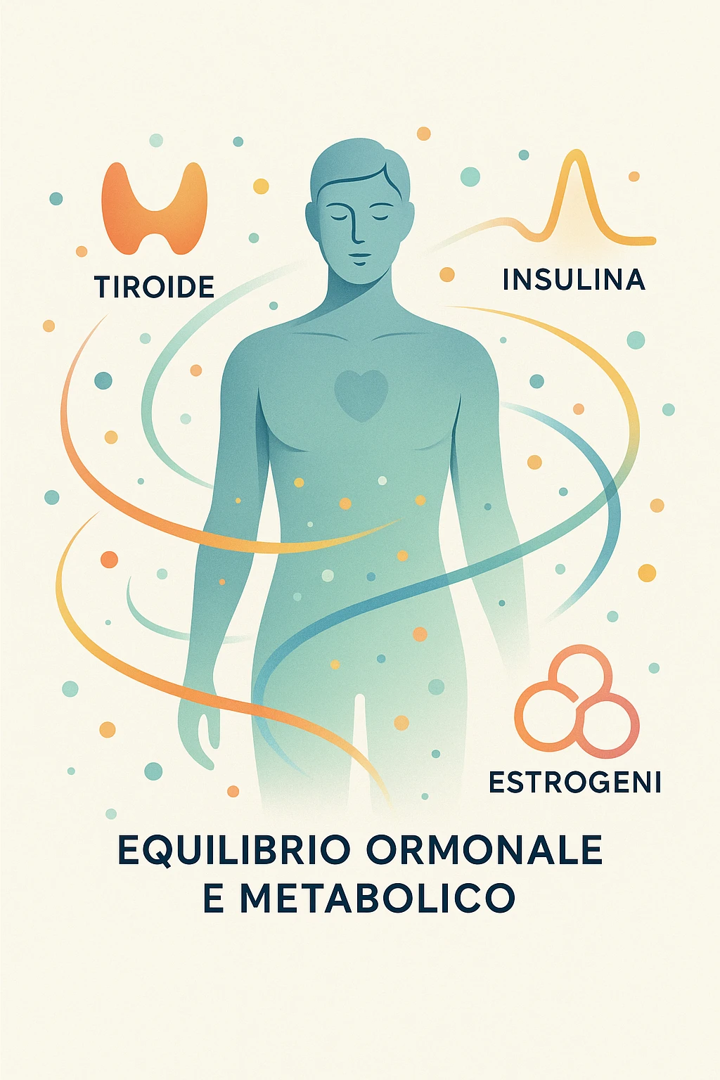 Il corpo è circondato da simboli delicati e bilanciati che rappresentano equilibrio ormonale e metabolico: piccoli cerchi, flussi energetici colorati, simboli stilizzati di tiroide, picco insulina, estrogeni. 4k immagine in italiano emoji