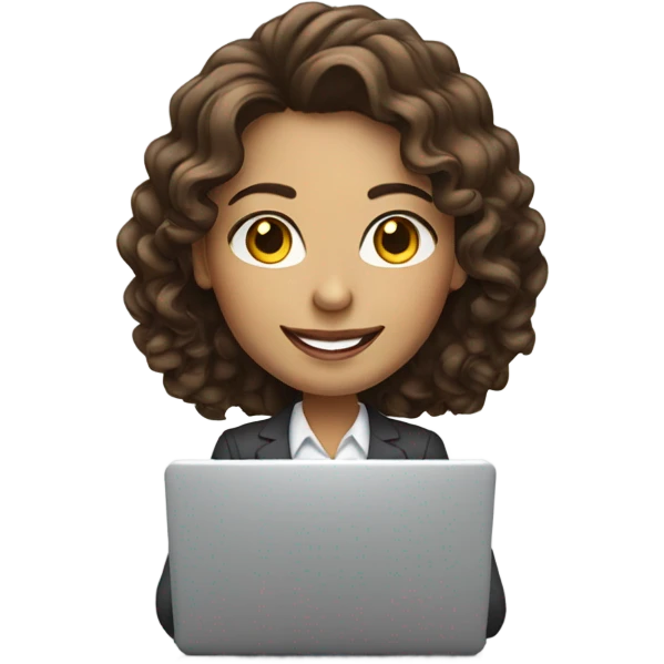 Business woman typing on a laptop with long curly brown hair and white skin smiling emoji