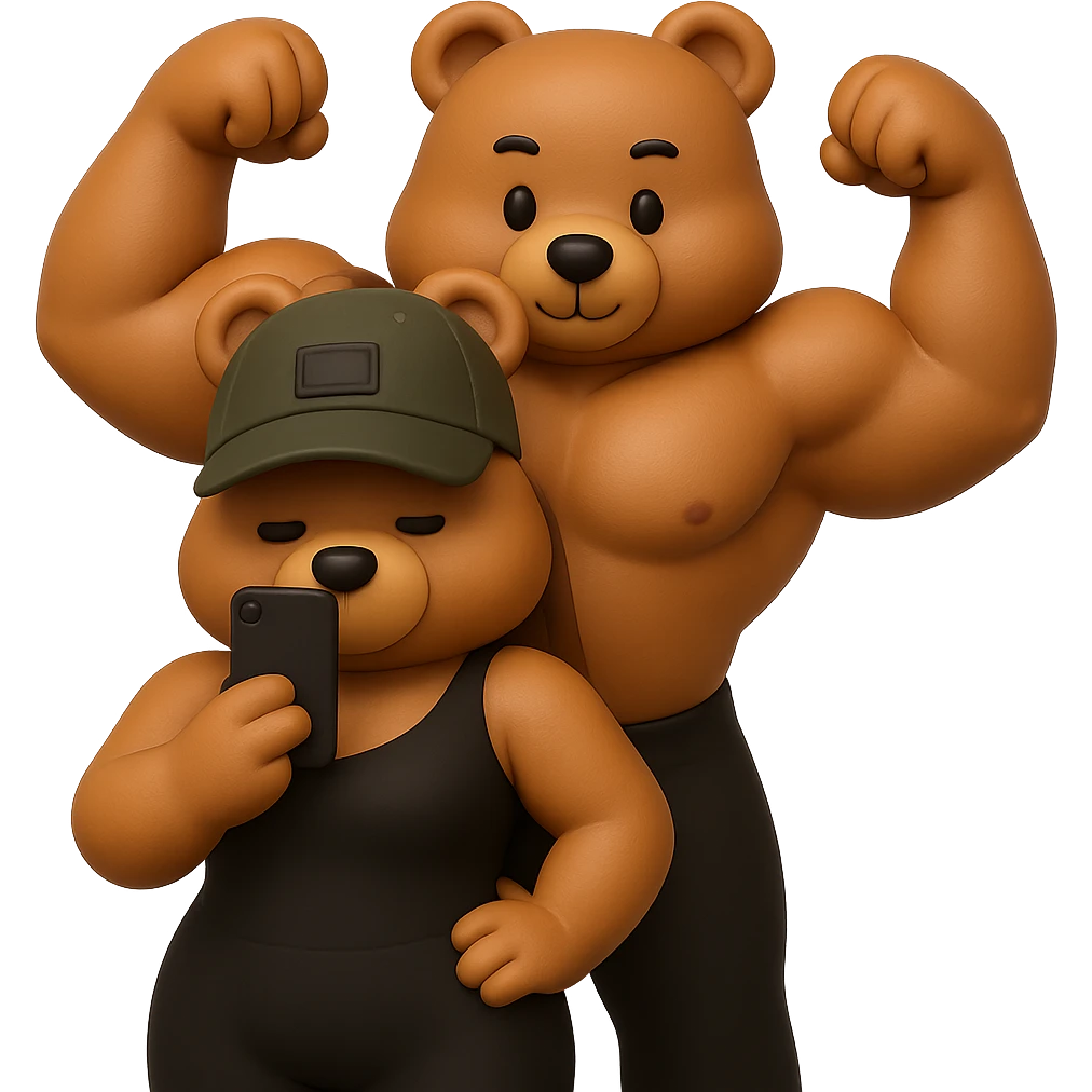Create two muscle bears in a 3D style with an affectionate and cute vibe. One bear in front has a female shape, and the other behind has a male shape doing a double biceps pose. The style and 3D look should be inspired by the apple bear emoji style shown in the references, with no background. The pose should be inspired by the previous pose reference images provided. emoji
