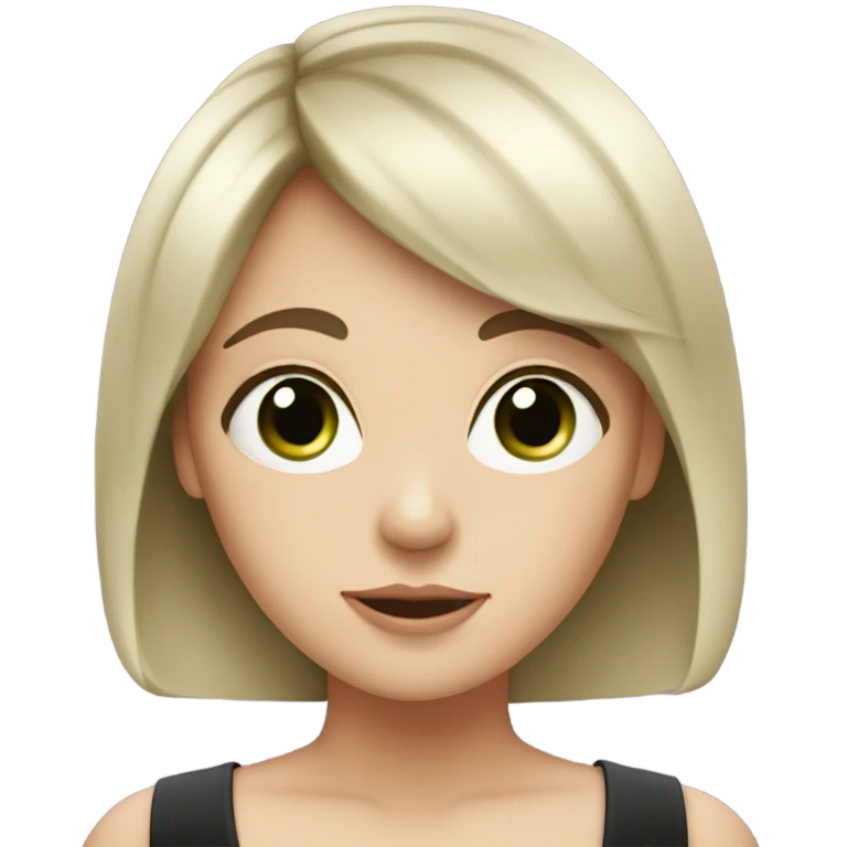 A very white girl has black and short hair. Also she has bangs, she has green eyes emoji