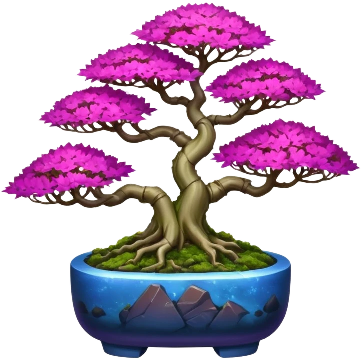 Futuristic wild glowing et alien moss maples Bonsai hair-fine-leaf group crimson crystal azalea purple and cream pink blue informal rocky cliffhanger forest planting in shallow slab style pot  emoji
