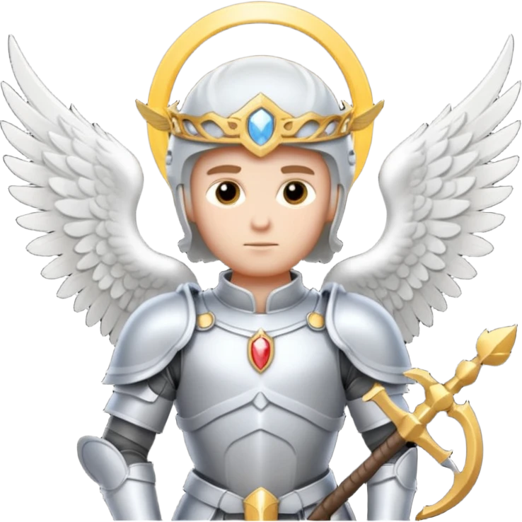 Michael the archangel is usually shown in emoji form as a brave, armored figure with a bright halo, wings, and a weapon. emoji