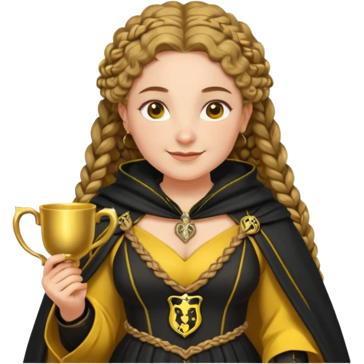 Helga Hufflepuff, 2 curly thick brown braids, yellow-black medieval dress, black cloak decorated with gold braiding, tiny two-handled shiny yellow-gold cup, very kind smile, curvy busty sweet woman, thick rosy cheeks emoji