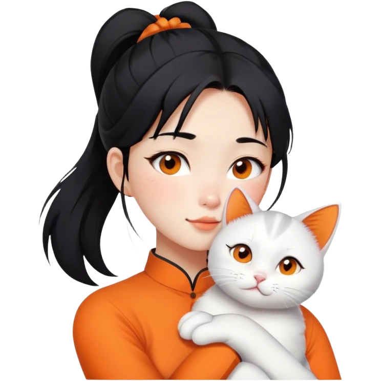 East Asian girl with high ponytail black hair hugging a predominantly white cat with orange patches, sweet and gentle, cute facial expressions emoji