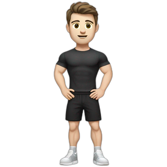 Confused Pale skinned Fit Man With the biceps and dark brown hair in black shirt, gray sports shorts and white Sneakers emoji