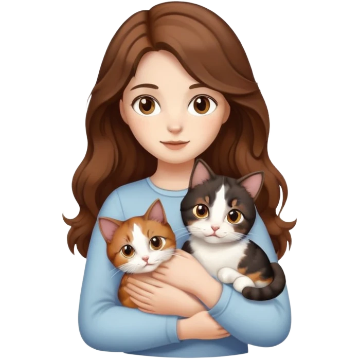 A girl with wavy brown hair and white has brown eyes and holds a calico cat  emoji