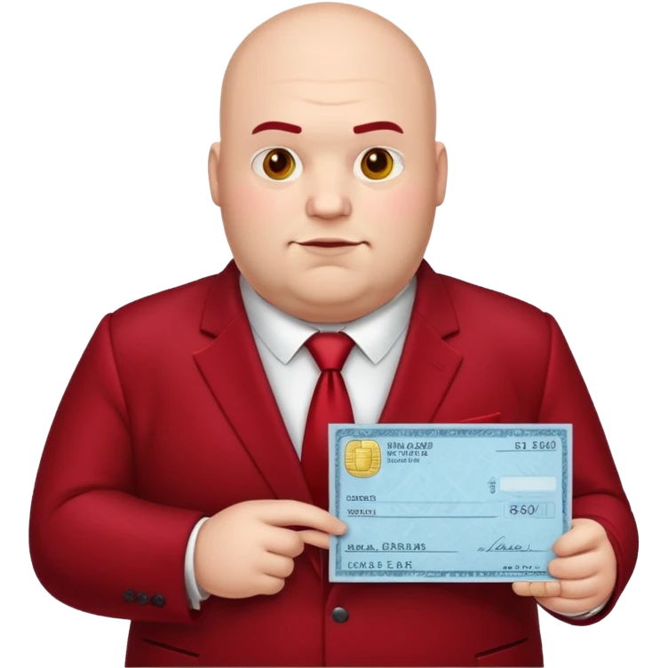 big fat guy bold head in dark red velvet suit holding cheque emoji