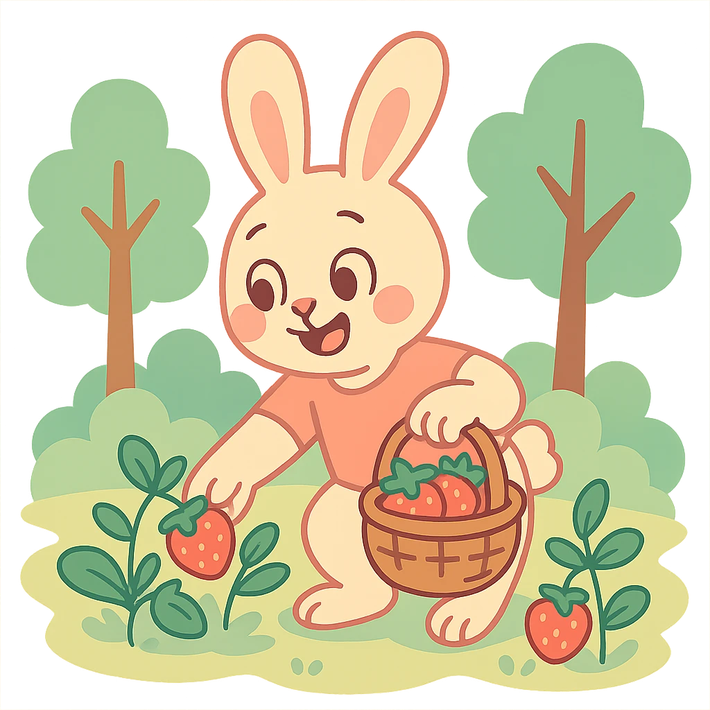 bunny picking strawberries in the woods, sweet pastel red, pastel toon style emoji