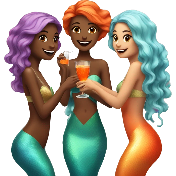 Three beautiful bright skin mermaids drinking aperol emoji