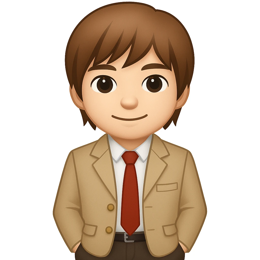 Create an image of Light Yagami from Death Note in the style of apple emojis. He has brown hair and is wearing a school uniform. He is standing with hands in pockets and has a relaxed expression. emoji