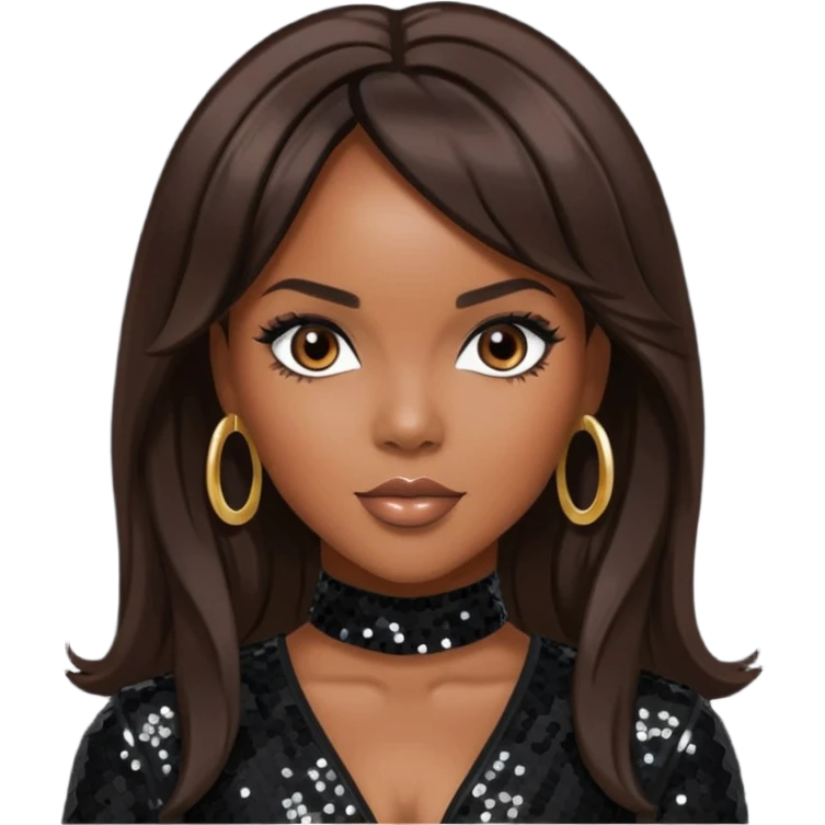 LeToya Luckett with long dark brown hair, black sequin tour outfit  emoji