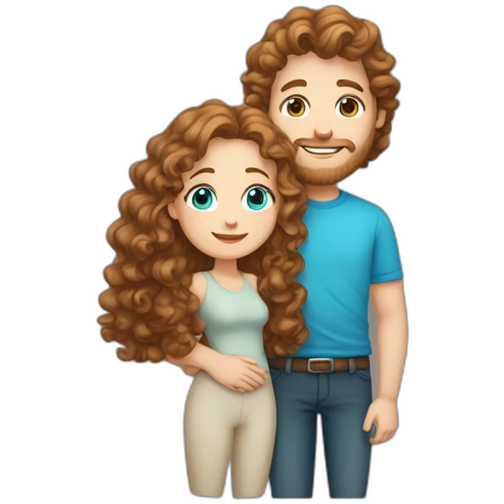Couple, hugging, white European man with brown curly hair and bright blue eyes. chubby wphite woman with long light brown curly hair and blue-green eyes. emoji