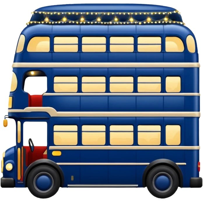 A dark blue double decker bus with cute cosy twinkle lights emoji
