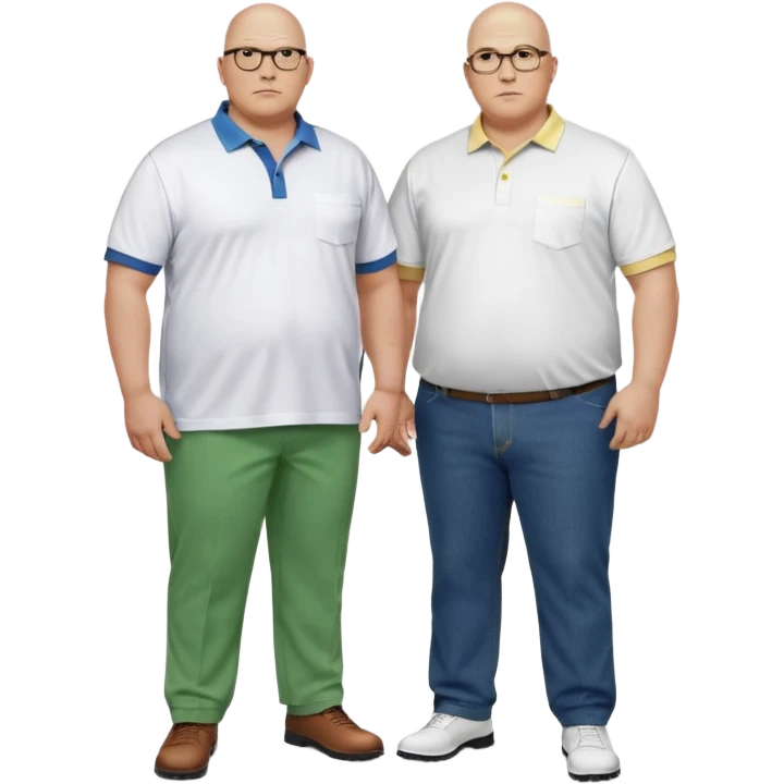 two guys, the first guy is white bald have glases a white dressshirt with rolled up sleeves and green pants he is over weight, The second guy has a yellow skin white golf shirt blue jeans and bald they should stand next to eachother they are both really fat  emoji