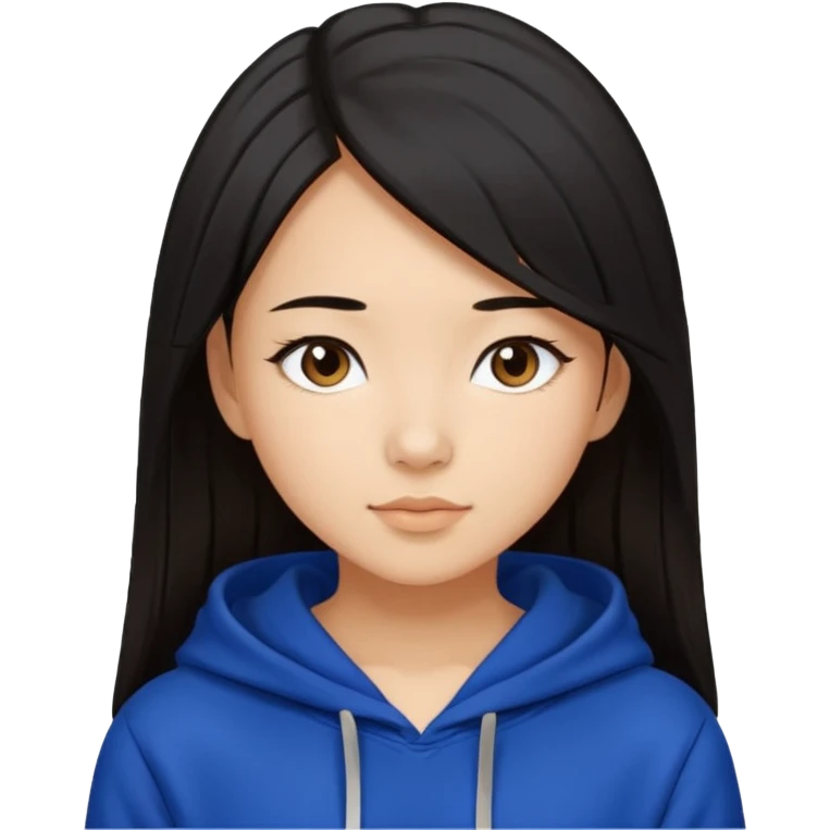 A pretty white/asian tanned girl with medium long strait dark brown almost black hair wearing a royal blue hoodie and black leggings pretty tan emoji