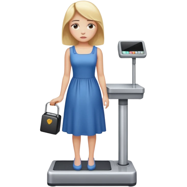 women is standing on weight check machine and she is sad because his weight is not ganaing emoji
