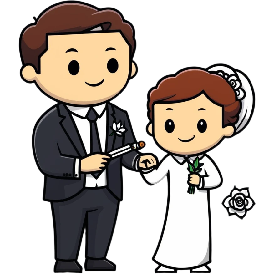 Person in fancy suit sneaking into wedding ceremony with mischievous smile, uninvited guest, smoking joint emoji