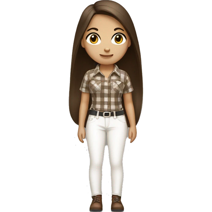 a brunette girl with long straight hair stands in a brown checkered shirt and white pants, in white headphones with a small black handbag emoji