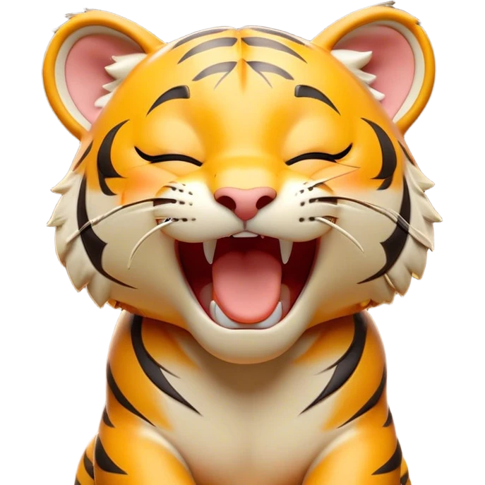Cinematic Cute Yawning Tiger Portrait Emoji, Head tilted slightly with a dramatic, wide-open yawn, showcasing a lithe, striped body with drowsy, half-closed eyes and an open, relaxed expression, Simplified yet irresistibly adorable features, highly detailed, glowing with a soft, cozy wild glow, high shine, relaxed yet expressive, stylized with a dash of whimsical jungle charm, soft glowing outline, capturing the essence of a drowsy yet affectionate tiger that appears ready to stretch out for a nap! emoji