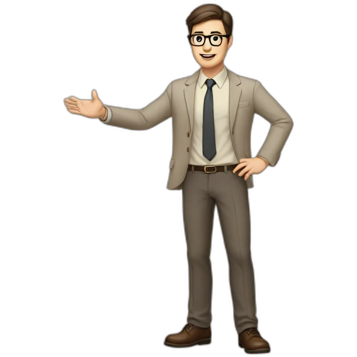 Full height Actively gesturing with hands Pale skinned fit man with dark brown hair in gray jacket, beige office shirt, brown tie, brown pants and vintage glasses. emoji