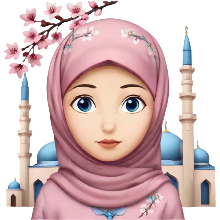 Turkish beautiful finish Konya girl blue eyes with hijab and cherry blossom dress on mosque emoji