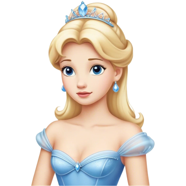 Cinematic Elegant Cinderella Portrait Emoji, rendered in a realistic, vector-style with minimal shading and bold, simplified shapes. Depict Cinderella in her classic ball gown (chest and above) with fair, porcelain skin and elegantly styled blonde hair, her eyes soft and kind, and her expression serene and graceful. The design glows with a gentle, enchanting radiance and high shine, capturing the timeless beauty of a fairy tale princess. emoji