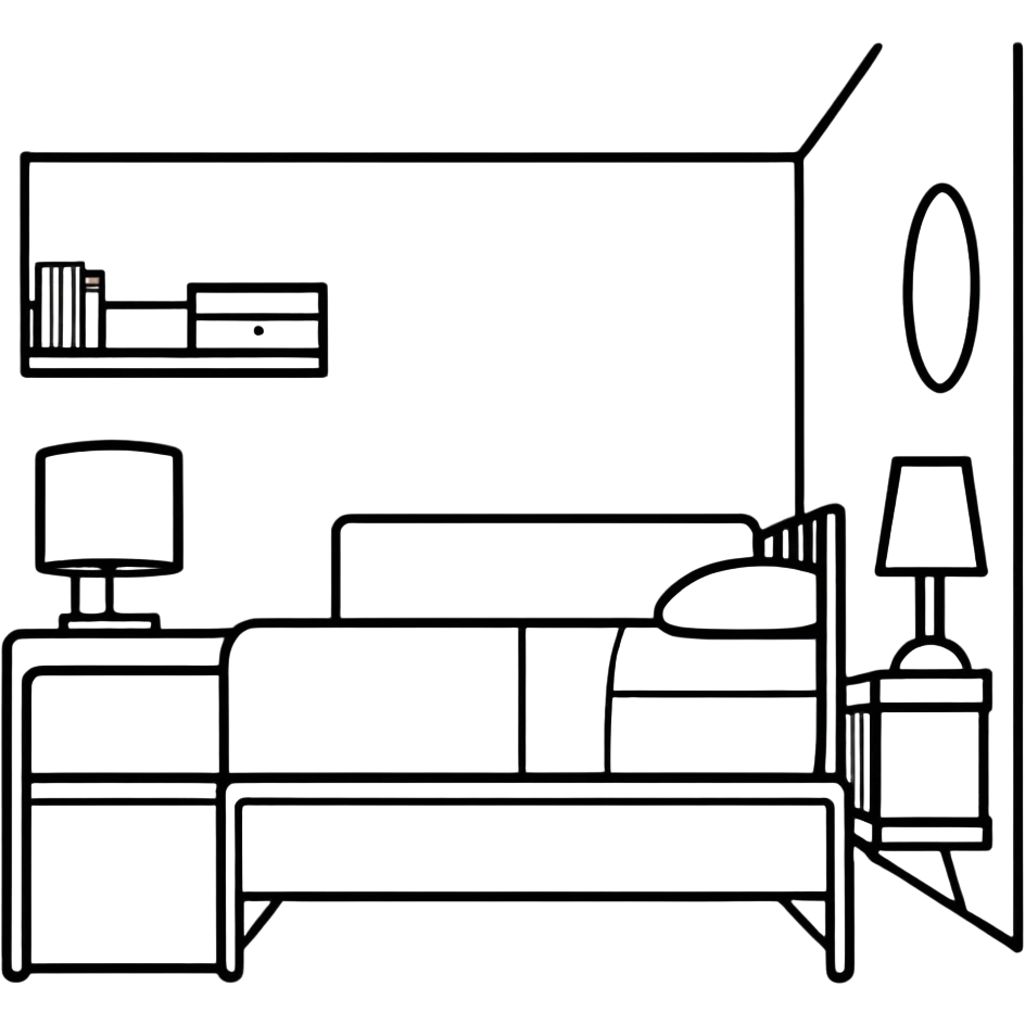 minimalist white teen bedroom with white vanity, white desk, white bed frame, and green plants emoji