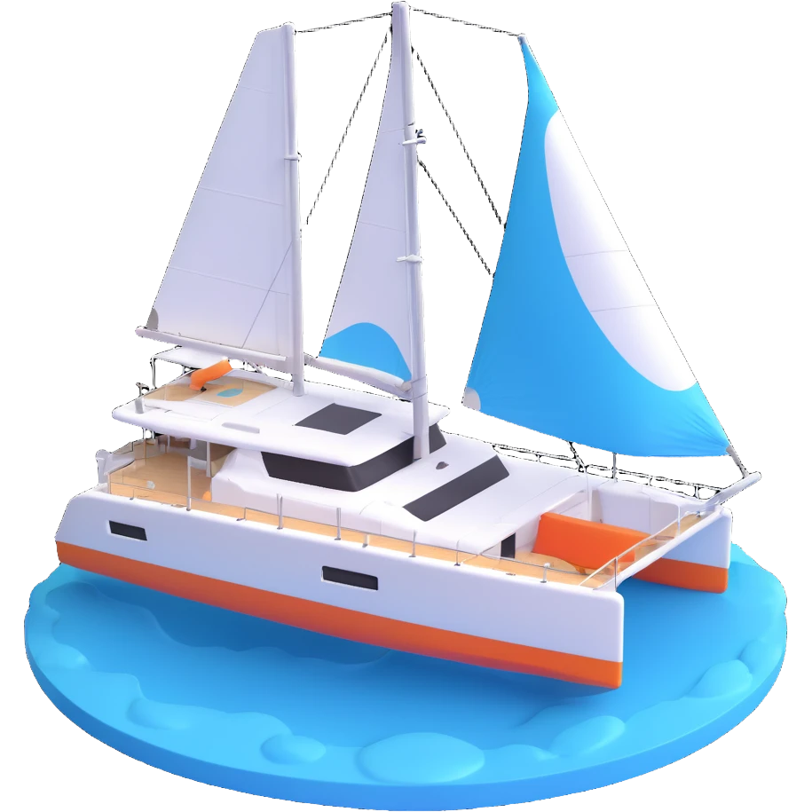 a lagoon 42 catamaran with no wording on the boat and an i message chat bubble icon coming out the top of the boat  emoji