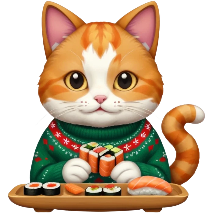 cat wearing a christmas sweater eating sushi emoji