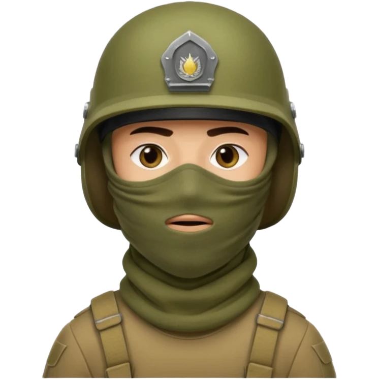 
an Iraqi soldier with a serious face, wearing a helmet and a balaclava covering his mouth emoji