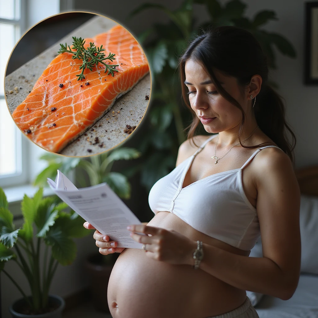 realistic pregnant woman in 4K reading informational brochure about risks of raw salmon in pregnancy with enlarged image of parasites in salmon emoji