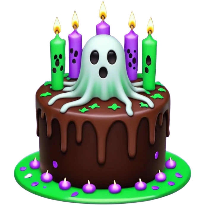 Chocolate Halloween cake with ghost floating and spiders on the side crawling with glowing green frosting dripping down the sides with candles on top and purple and black confetti  emoji